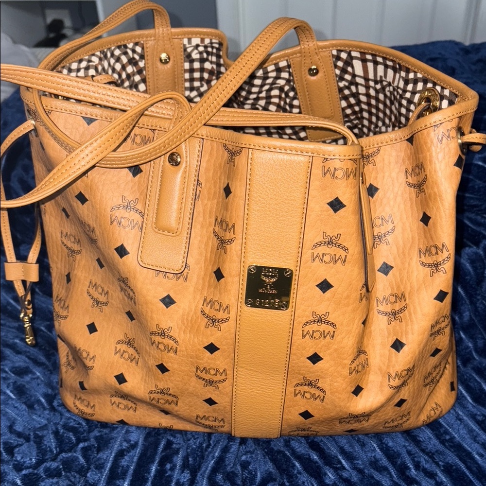 MCM Cognac Brown Visetos Logo Tote with Gold Hardware